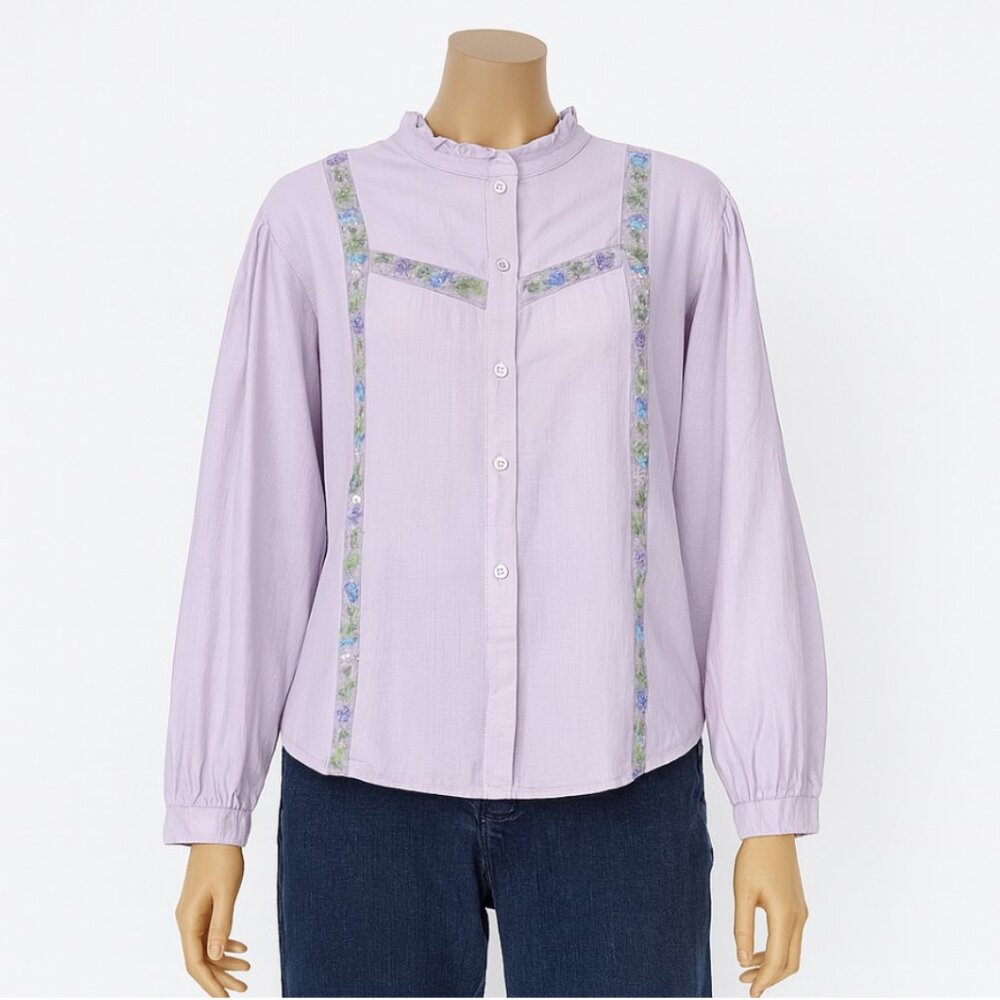 Chains of Buffalo Shirt Womens Small Purple Floral Embroidery Fairy Boho Peasant